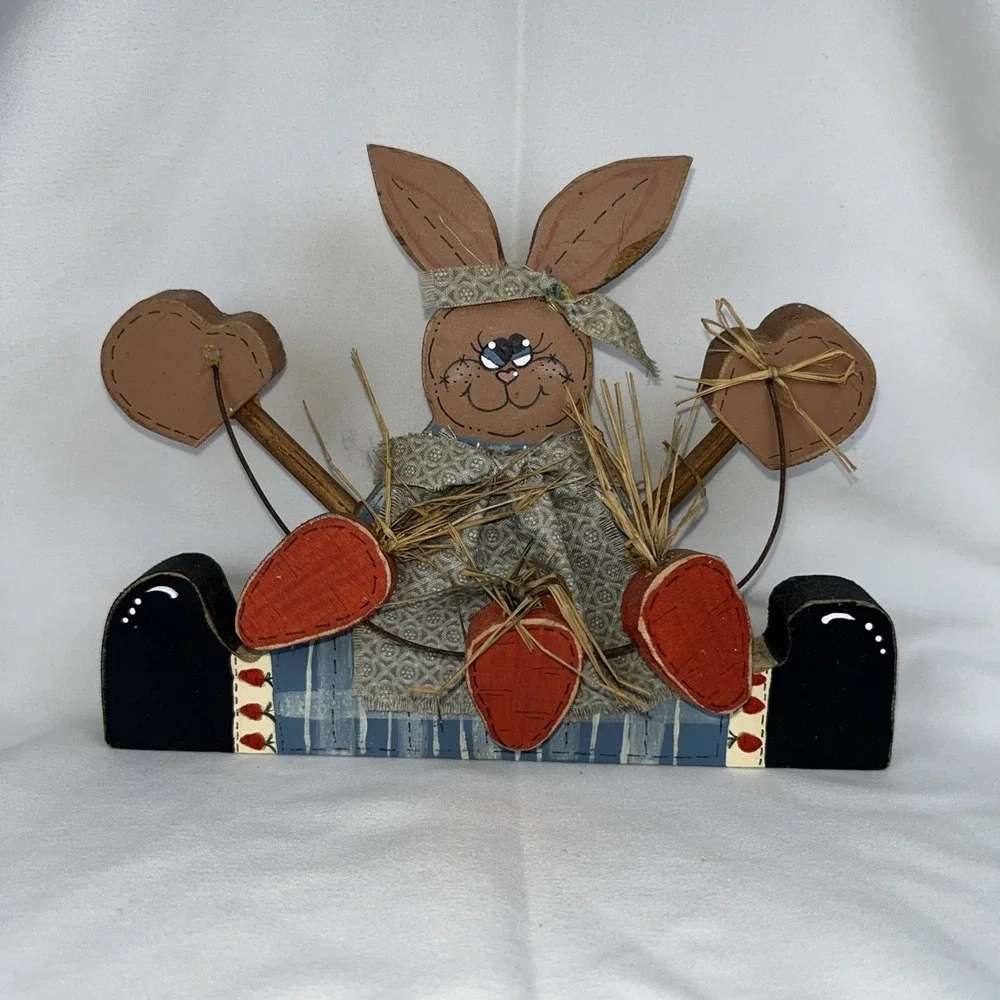 Vintage WOOD Easter Bunny Rabbit Carrots‎ RUSTIC RARE Primitive Hanging Decor 6
